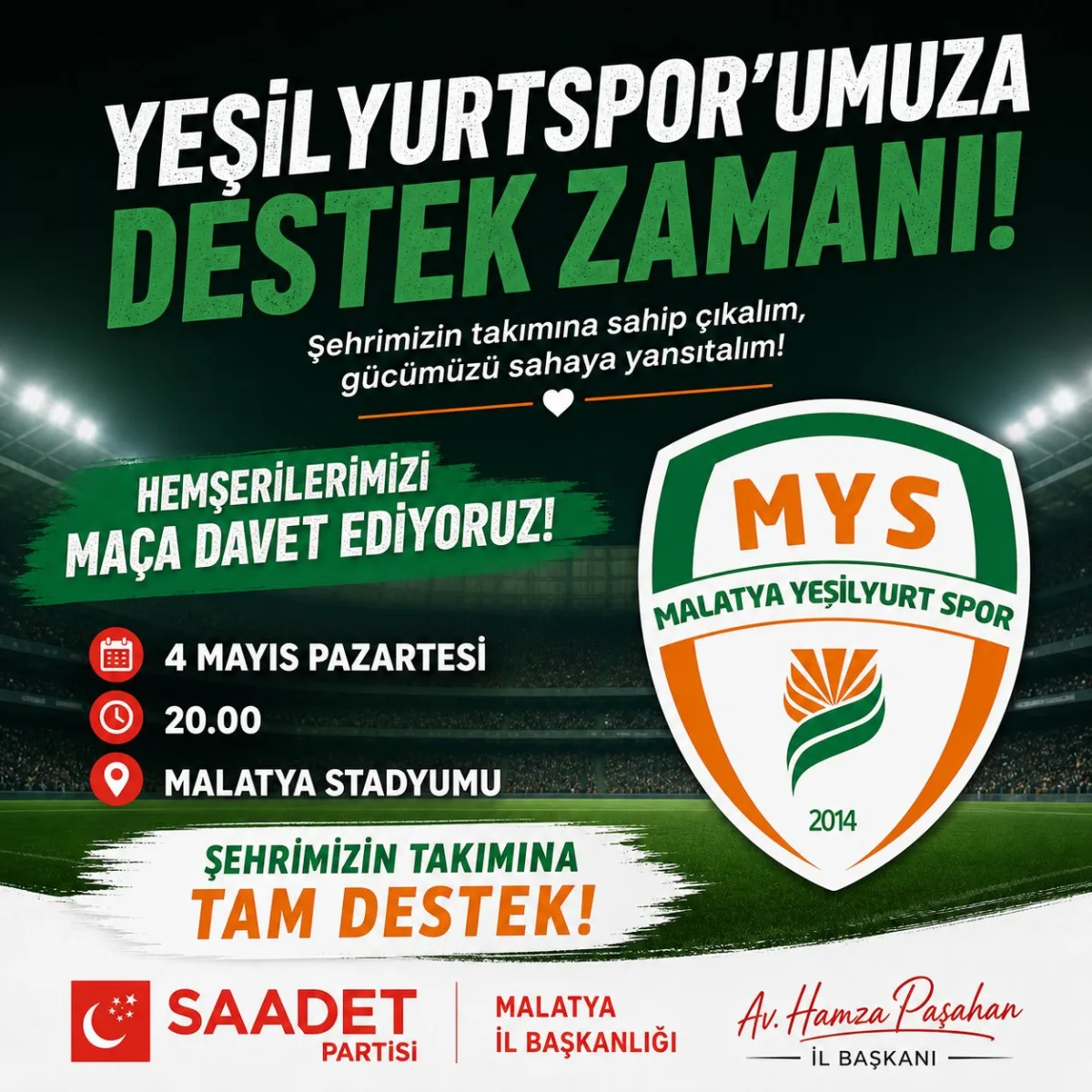 Paşahan’dan Yeşilyurtspor - Erciyes 38 Fk Play-Off 2. Tur Mücadelesine Davet